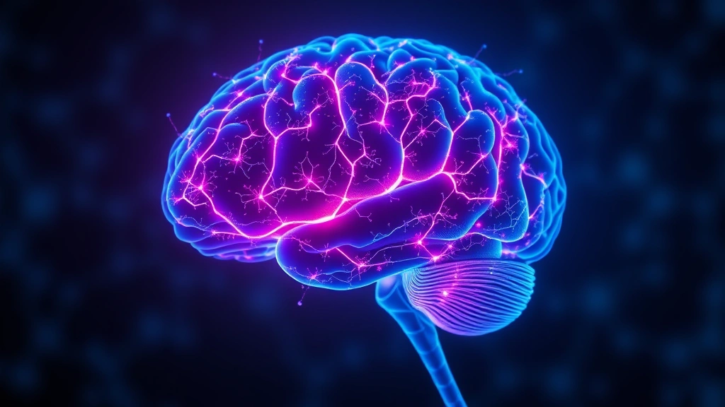 Human brain illustration showing glowing neural networks and synaptic connections, highlighting prefrontal cortex and amygdala regions, vibrant blues and purples, neuroscience visualization, photorealistic medical style