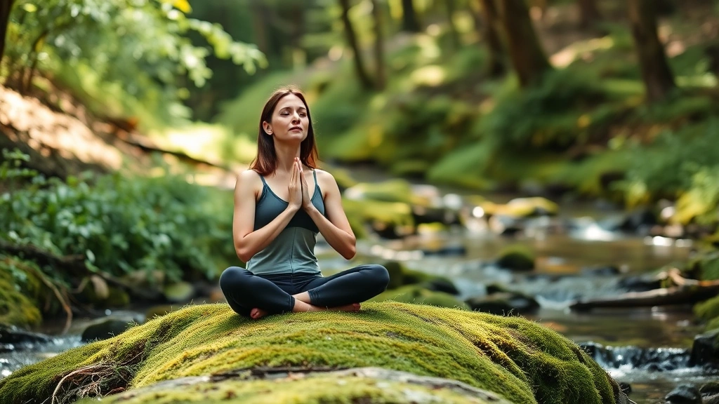 Woman practicing mindful breathing outdoors in nature, sitting peacefully on moss near forest stream, surrounded by green vegetation and soft natural light, serene moment of present awareness