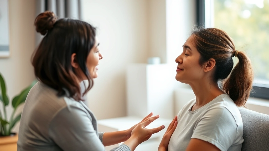 Speech therapist guiding patient through breathing exercise, calm clinical setting with natural light, therapist and patient sitting comfortably, serene atmosphere