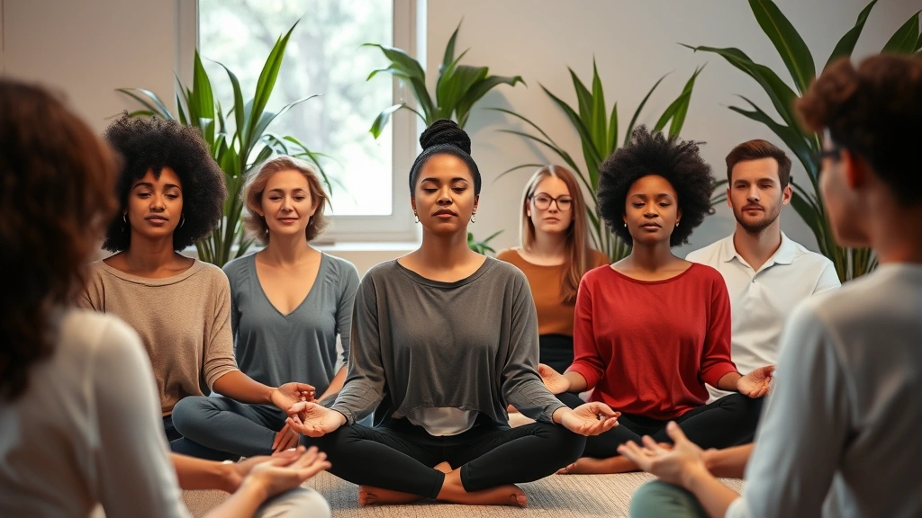 Diverse group of clients in mindfulness meditation pose during therapy session, peaceful therapy room with plants and soft lighting, focused expressions of calm