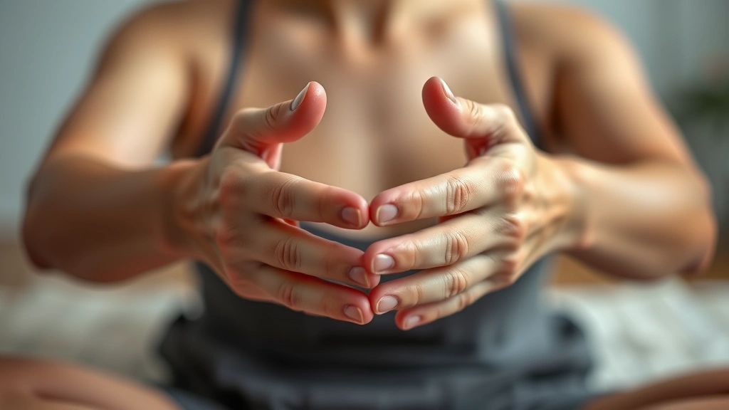 Close-up of hands during mindfulness body awareness practice, warm skin tones, gentle positioning showing relaxation techniques, therapeutic touch environment