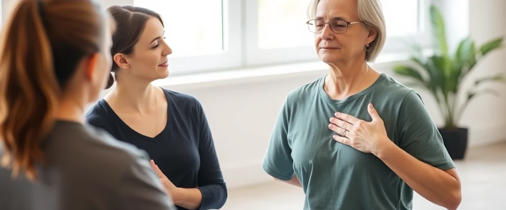 Physical therapist guiding patient in mindful body awareness exercise, patient sitting peacefully with hand on chest, natural light studio setting, serene expression, demonstrating present-moment awareness