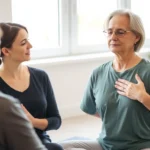 Physical therapist guiding patient in mindful body awareness exercise, patient sitting peacefully with hand on chest, natural light studio setting, serene expression, demonstrating present-moment awareness