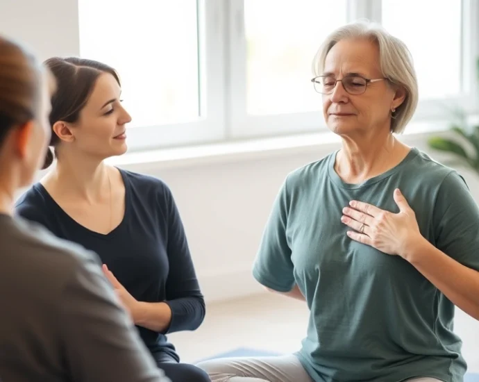 Physical therapist guiding patient in mindful body awareness exercise, patient sitting peacefully with hand on chest, natural light studio setting, serene expression, demonstrating present-moment awareness