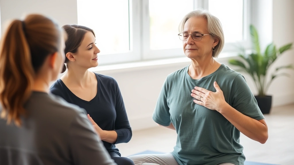 Physical therapist guiding patient in mindful body awareness exercise, patient sitting peacefully with hand on chest, natural light studio setting, serene expression, demonstrating present-moment awareness