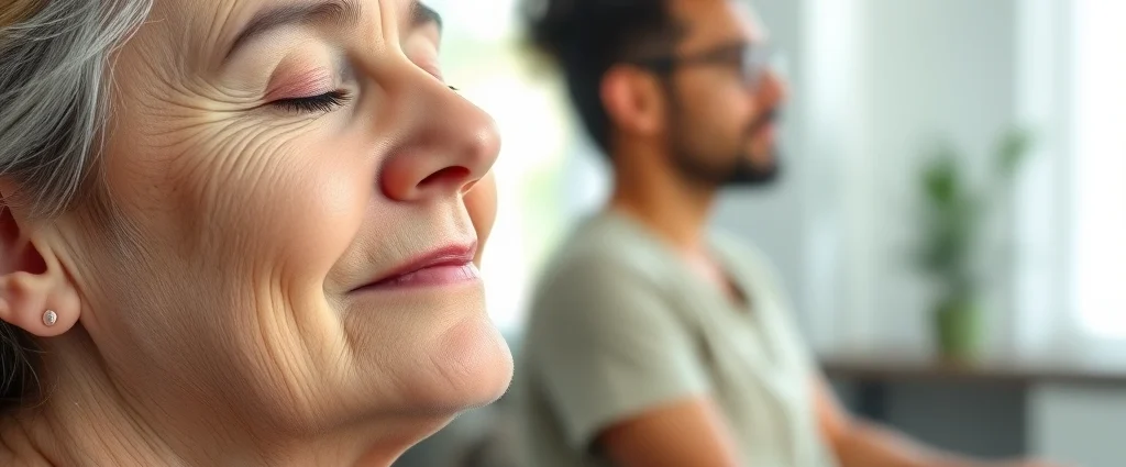 Close-up of a patient's face during a guided meditation session in a bright rehabilitation clinic, showing peaceful expression and calm demeanor, soft natural lighting