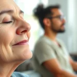 Close-up of a patient's face during a guided meditation session in a bright rehabilitation clinic, showing peaceful expression and calm demeanor, soft natural lighting
