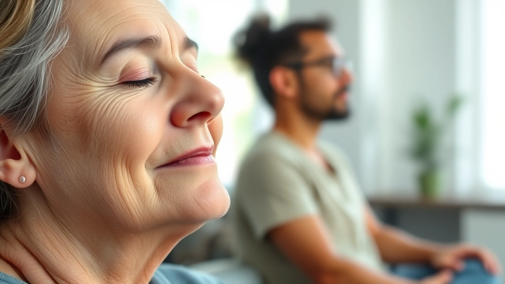 Close-up of a patient's face during a guided meditation session in a bright rehabilitation clinic, showing peaceful expression and calm demeanor, soft natural lighting
