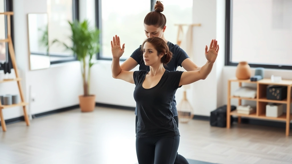 Physical therapist guiding a patient through mindful movement exercises, patient performing gentle stretching with focused attention, modern therapy studio environment