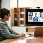 Professional therapist in modern office using laptop for online session, warm lighting, professional setting, diverse client visible on screen, digital healthcare environment