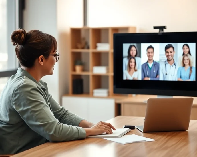 Professional therapist in modern office using laptop for online session, warm lighting, professional setting, diverse client visible on screen, digital healthcare environment