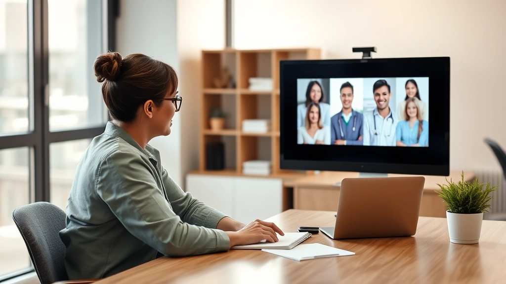 Professional therapist in modern office using laptop for online session, warm lighting, professional setting, diverse client visible on screen, digital healthcare environment