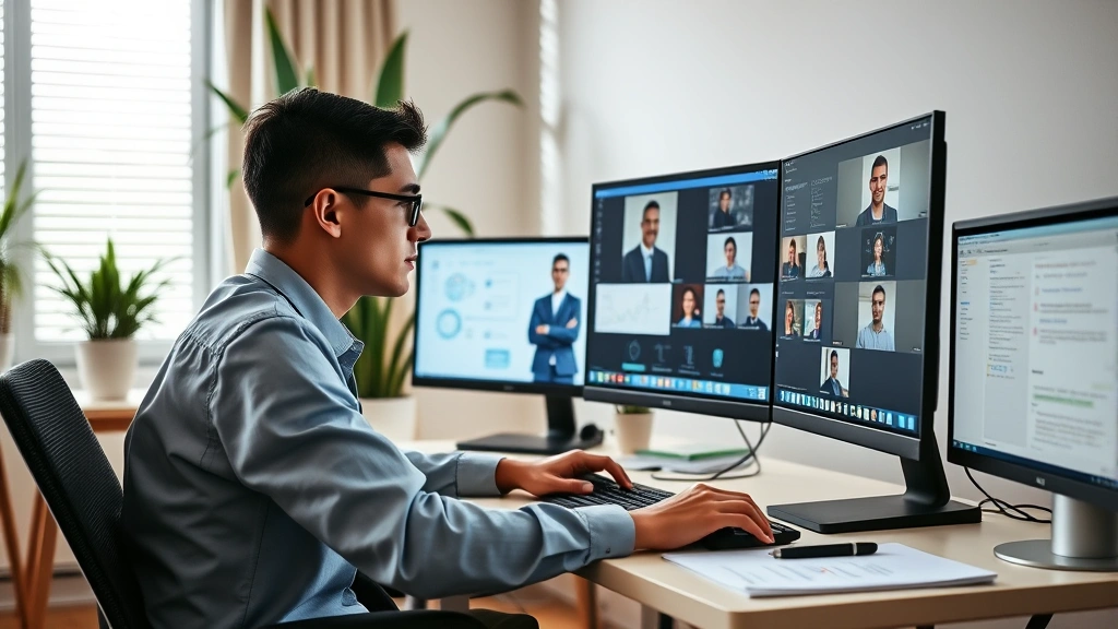 Graduate student studying at home desk with multiple screens showing clinical notes and video conferencing interface, focused learning atmosphere, contemporary workspace with plants