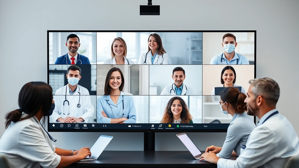 Group of diverse healthcare professionals in virtual meeting on large monitor, collaborative teletherapy supervision session, professional clinical environment, technology integration