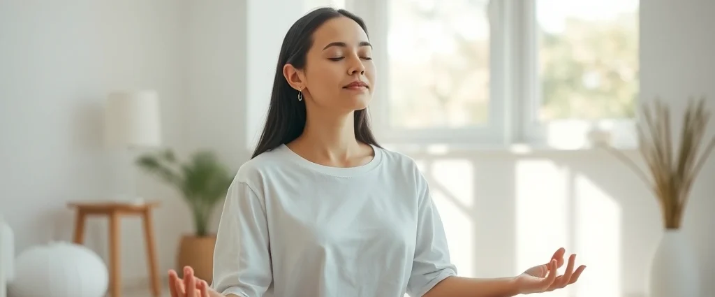 Person meditating peacefully in a bright, minimalist therapy room with soft natural light streaming through windows, serene facial expression, professional wellness environment