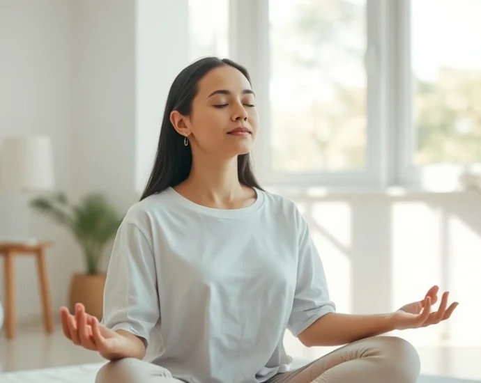 Person meditating peacefully in a bright, minimalist therapy room with soft natural light streaming through windows, serene facial expression, professional wellness environment