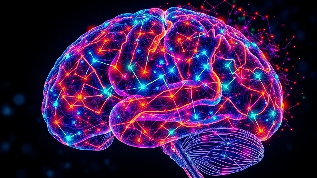 Brain scan visualization showing neural networks and connectivity patterns in vibrant colors, representing neuroplasticity changes from mindfulness practice, scientific illustration style