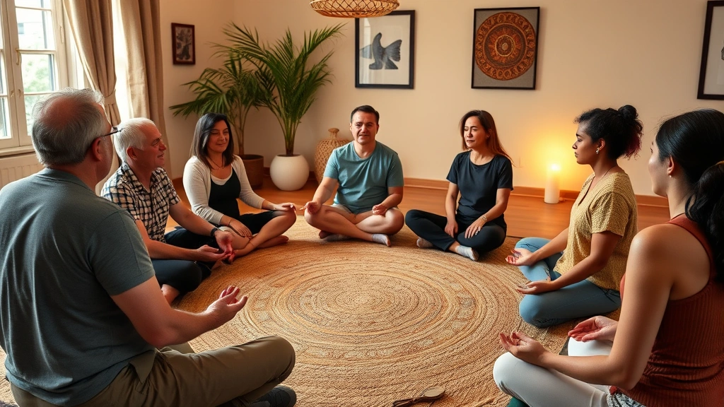 Diverse group of people sitting in a circle during mindfulness meditation session in a calming therapeutic space, focused expressions, warm lighting, inclusive community setting