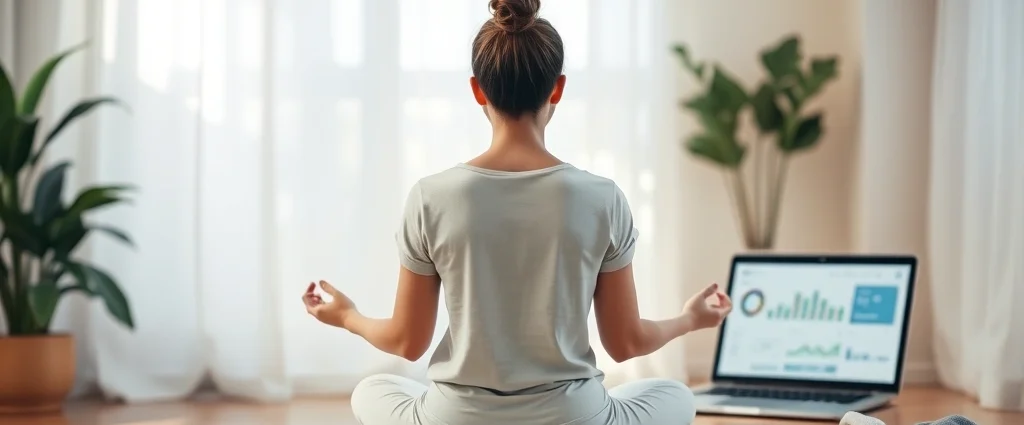 Person sitting in meditation pose with soft natural lighting, laptop or tablet visible nearby showing a healthcare dashboard interface, warm calming colors, peaceful indoor setting, mindfulness and technology integration theme