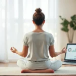 Person sitting in meditation pose with soft natural lighting, laptop or tablet visible nearby showing a healthcare dashboard interface, warm calming colors, peaceful indoor setting, mindfulness and technology integration theme