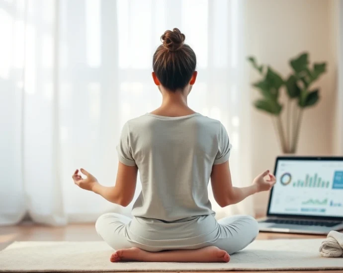 Person sitting in meditation pose with soft natural lighting, laptop or tablet visible nearby showing a healthcare dashboard interface, warm calming colors, peaceful indoor setting, mindfulness and technology integration theme
