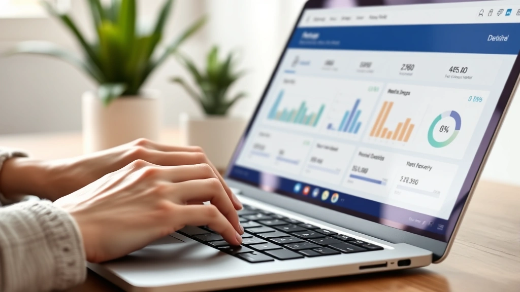 Close-up of hands typing on a laptop keyboard showing a patient portal interface with charts and progress metrics, soft focus background with wellness elements like plants, representing engagement with mental health data and recovery tracking