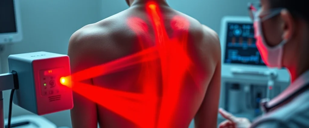 Modern medical laser therapy device emitting red and infrared light beams into human lower back tissue, showing light penetration, clinical setting with healthcare professional operating equipment, photorealistic