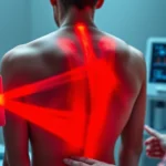 Modern medical laser therapy device emitting red and infrared light beams into human lower back tissue, showing light penetration, clinical setting with healthcare professional operating equipment, photorealistic