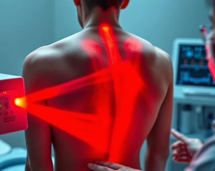 Modern medical laser therapy device emitting red and infrared light beams into human lower back tissue, showing light penetration, clinical setting with healthcare professional operating equipment, photorealistic