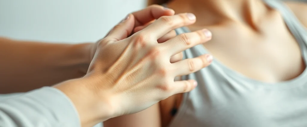 Closeup of a person's hand performing gentle therapeutic movement on another person's arm, both appearing calm and focused, soft clinical lighting, soothing neutral tones, demonstrating therapeutic touch technique