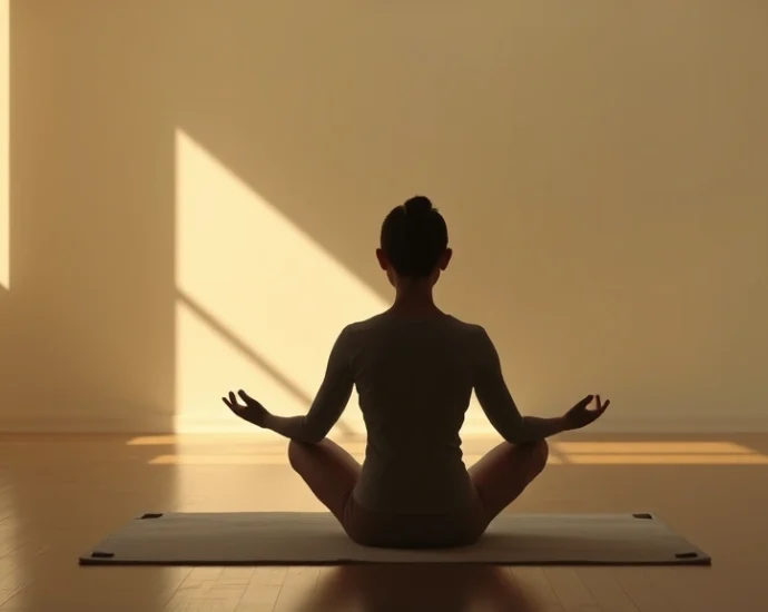 Serene meditation space with soft natural lighting, cancer patient silhouette in peaceful lotus position, warm earth tones, photorealistic, no text or medical equipment visible