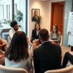 Professional therapist facilitating a group discussion in a modern therapeutic setting with diverse participants sitting in a circle, engaged in conversation, warm lighting, contemporary office environment