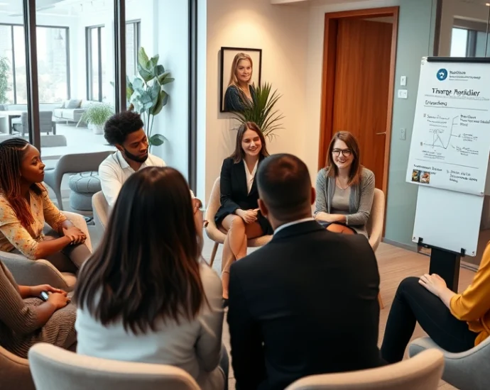 Professional therapist facilitating a group discussion in a modern therapeutic setting with diverse participants sitting in a circle, engaged in conversation, warm lighting, contemporary office environment