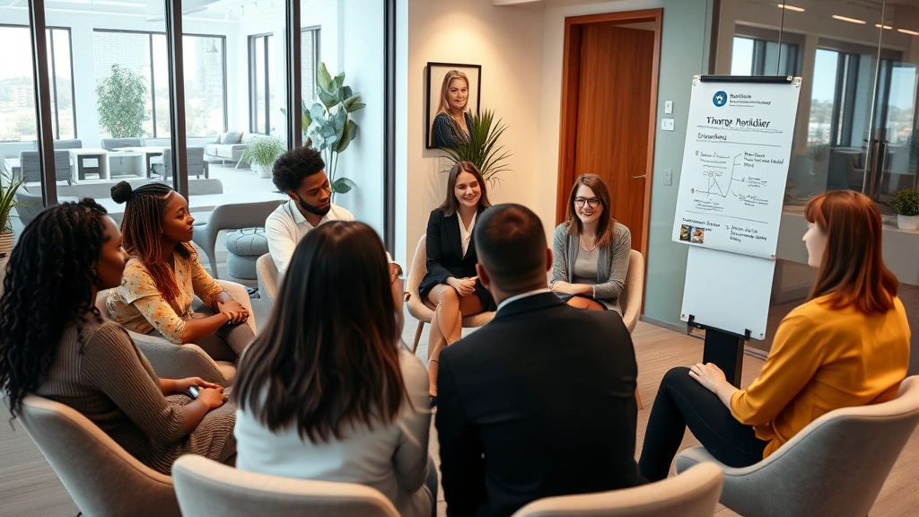 Professional therapist facilitating a group discussion in a modern therapeutic setting with diverse participants sitting in a circle, engaged in conversation, warm lighting, contemporary office environment