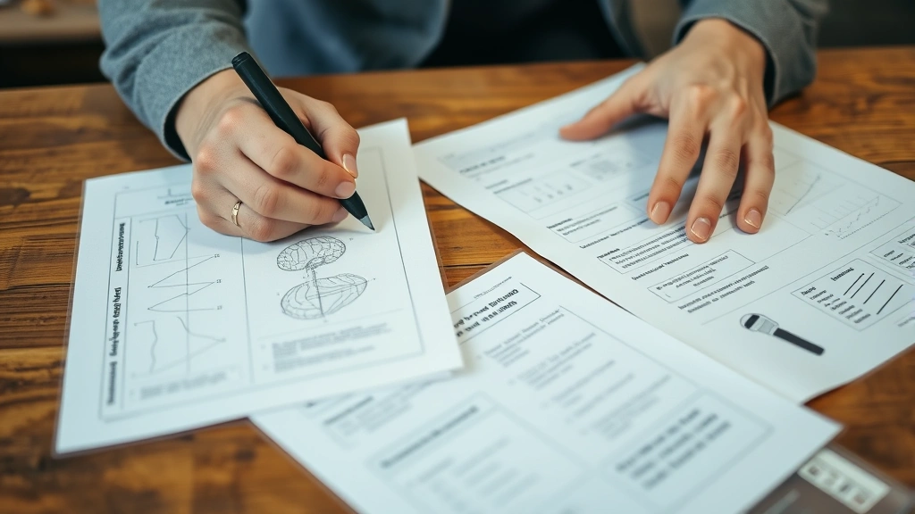 Close-up of hands working through cognitive exercises and workbook pages with diagrams and structured worksheets on a wooden table, professional documentation materials visible