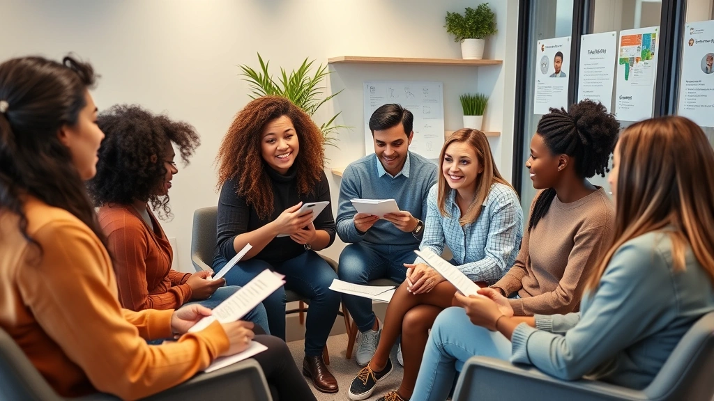 Diverse group of individuals in a supportive therapeutic environment, collaborating and discussing moral reasoning concepts with visual aids and materials, professional clinical setting with modern design