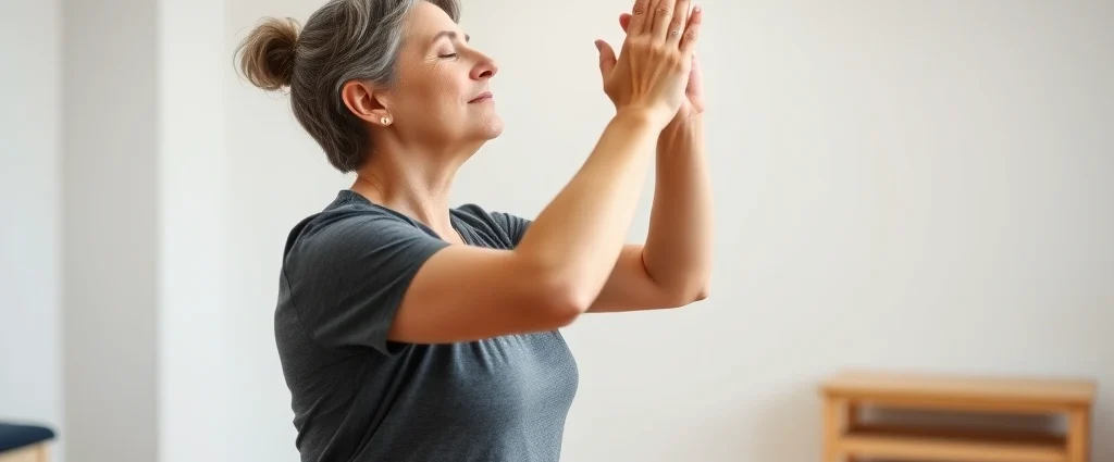 A person with MS in a calm physical therapy setting performing gentle stretching exercises with eyes closed, demonstrating mindful movement and body awareness during rehabilitation