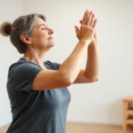 A person with MS in a calm physical therapy setting performing gentle stretching exercises with eyes closed, demonstrating mindful movement and body awareness during rehabilitation