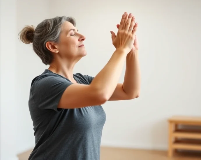 A person with MS in a calm physical therapy setting performing gentle stretching exercises with eyes closed, demonstrating mindful movement and body awareness during rehabilitation