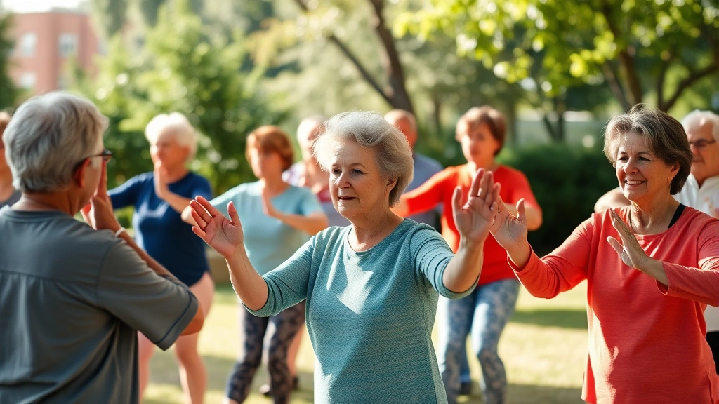 A diverse group of MS patients in a warm, supportive therapy environment practicing tai chi or gentle yoga movements outdoors in natural light, showing mindful therapeutic exercise