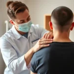 Professional physical therapist performing manual soft tissue mobilization on patient's shoulder, hands-on therapy in clinical setting, natural lighting, realistic medical environment