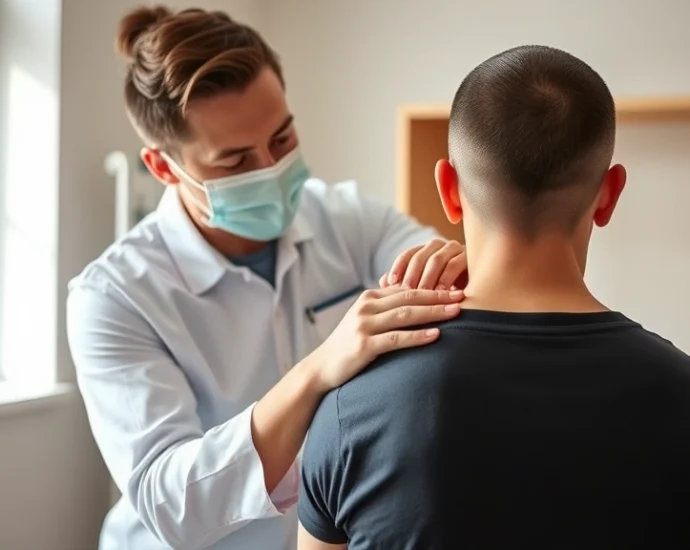 Professional physical therapist performing manual soft tissue mobilization on patient's shoulder, hands-on therapy in clinical setting, natural lighting, realistic medical environment
