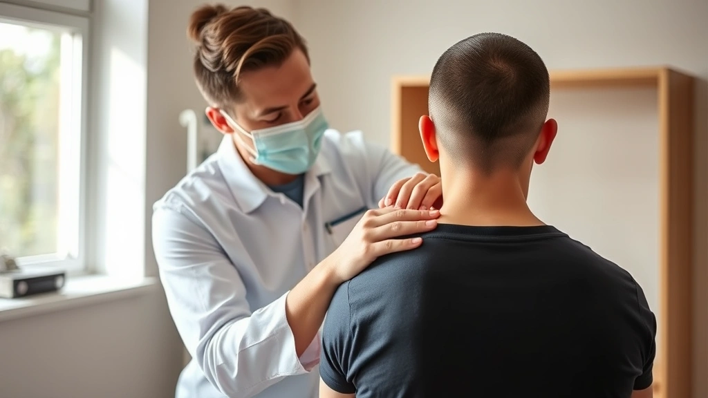 Professional physical therapist performing manual soft tissue mobilization on patient's shoulder, hands-on therapy in clinical setting, natural lighting, realistic medical environment