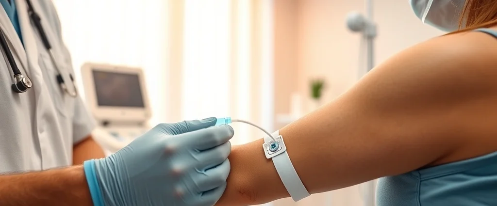 Close-up of a medical professional administering IV therapy to a patient's arm in a modern wellness clinic, with warm lighting and clean medical equipment visible, photorealistic
