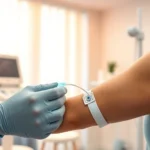 Close-up of a medical professional administering IV therapy to a patient's arm in a modern wellness clinic, with warm lighting and clean medical equipment visible, photorealistic