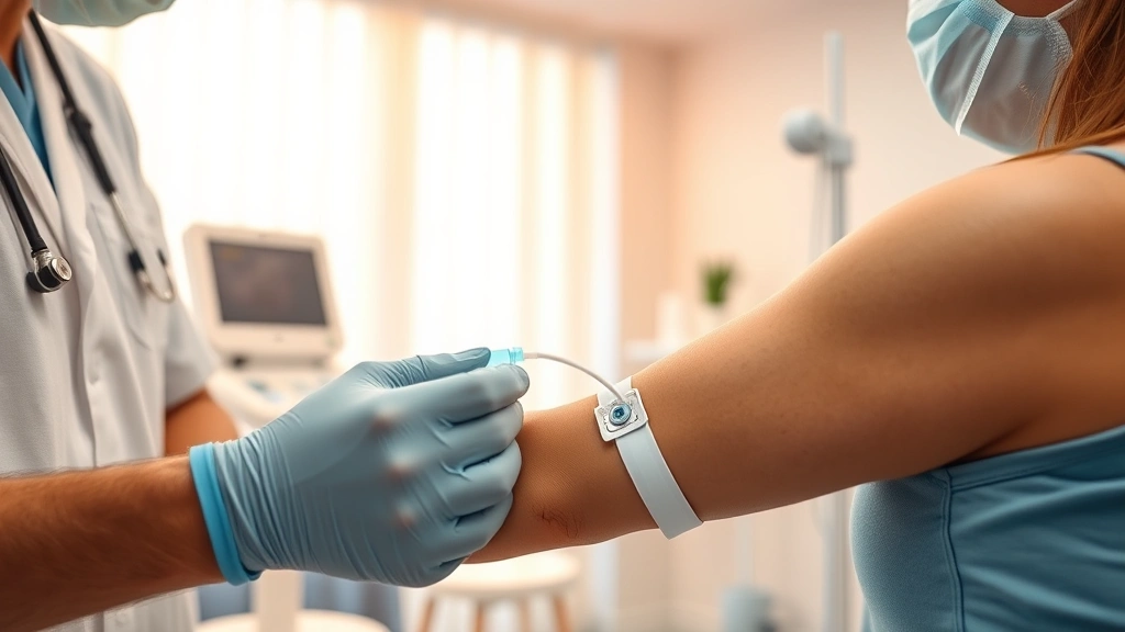 Close-up of a medical professional administering IV therapy to a patient's arm in a modern wellness clinic, with warm lighting and clean medical equipment visible, photorealistic