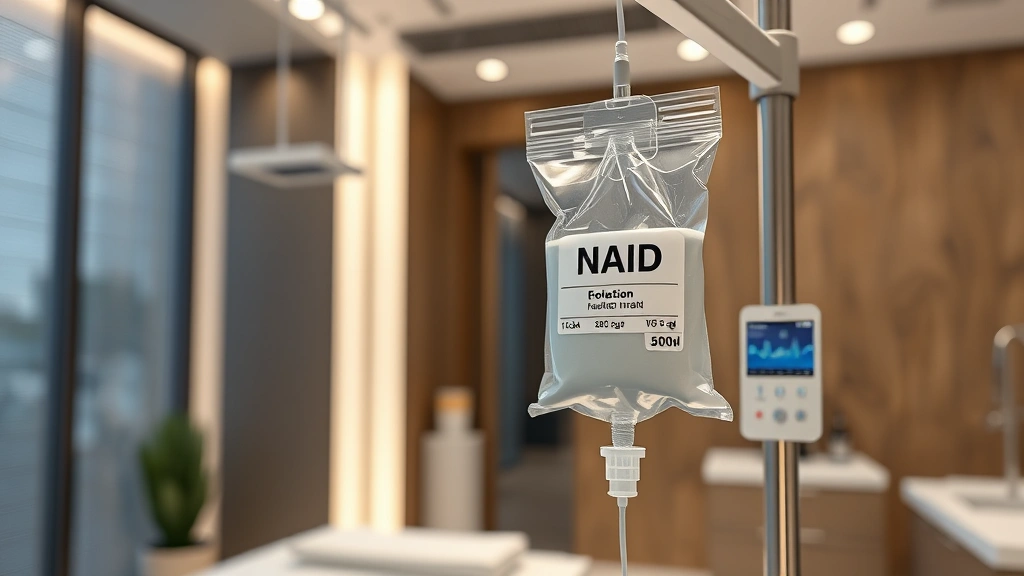 Modern IV therapy infusion bag with NAD solution hanging from a medical stand in a contemporary medical spa setting, professional healthcare environment, photorealistic