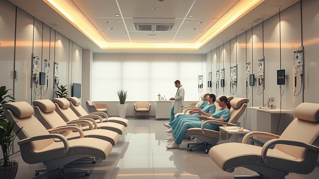 Interior of an upscale medical wellness clinic with comfortable treatment recliners, ambient lighting, and professional healthcare staff preparing for IV therapy sessions, photorealistic