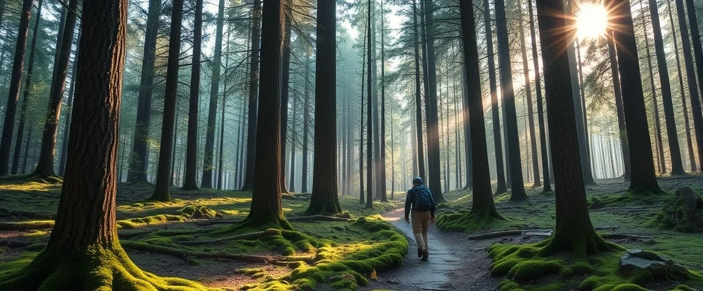 A serene forest scene with sunlight filtering through tall trees, moss-covered ground, and a peaceful hiking trail winding through ancient woodland, photorealistic nature landscape