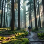 A serene forest scene with sunlight filtering through tall trees, moss-covered ground, and a peaceful hiking trail winding through ancient woodland, photorealistic nature landscape